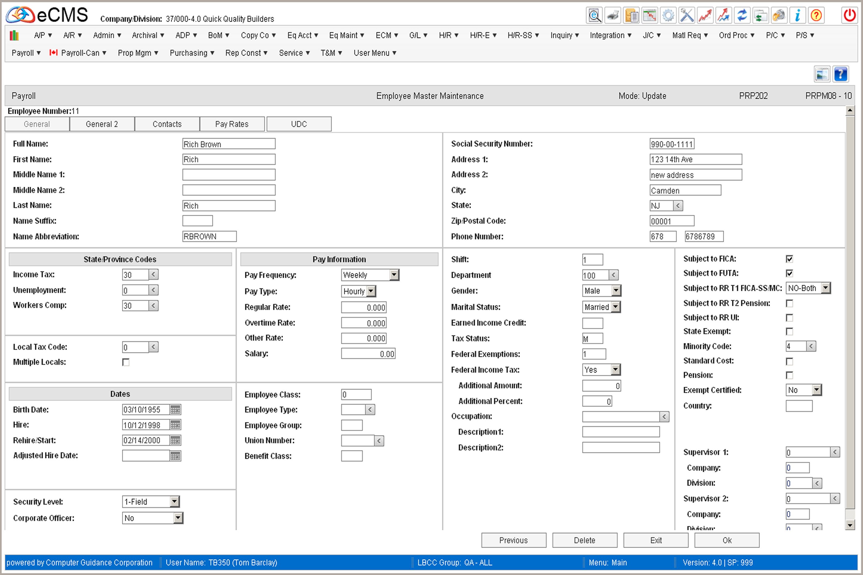 Employee Data General tab